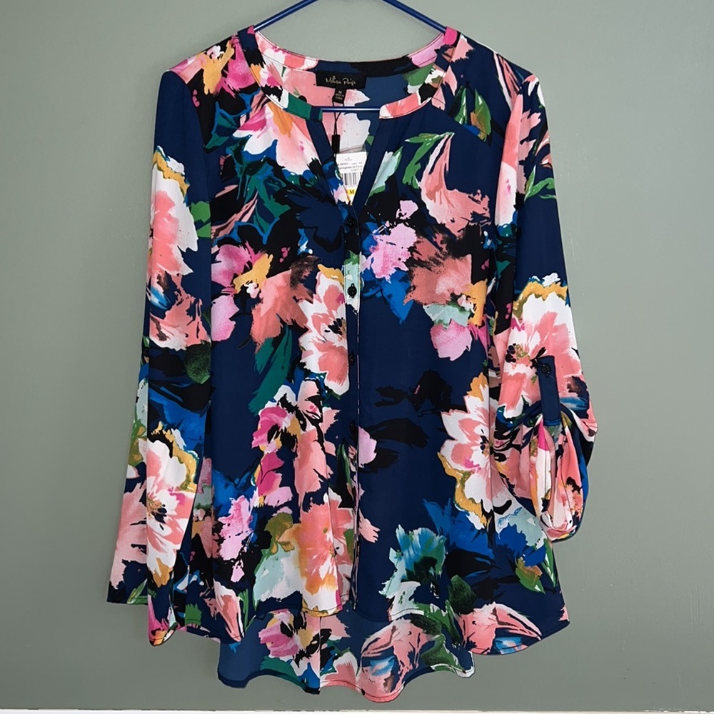 Melissa Paige Sz Med Springtime In Paris Floral Print Blouse Vneck Roll Tab Slvs